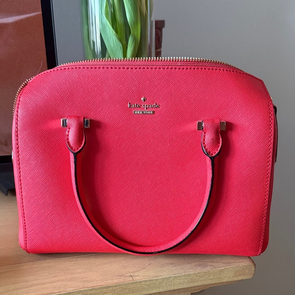 kate spade coral red dome satchel with gold hardware